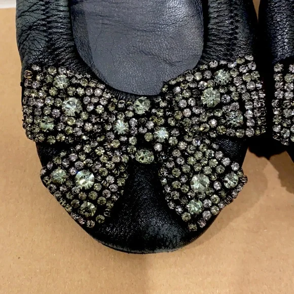 Black Tory Burch Flats with Crystal Beaded Bow - Picture 2 of 6